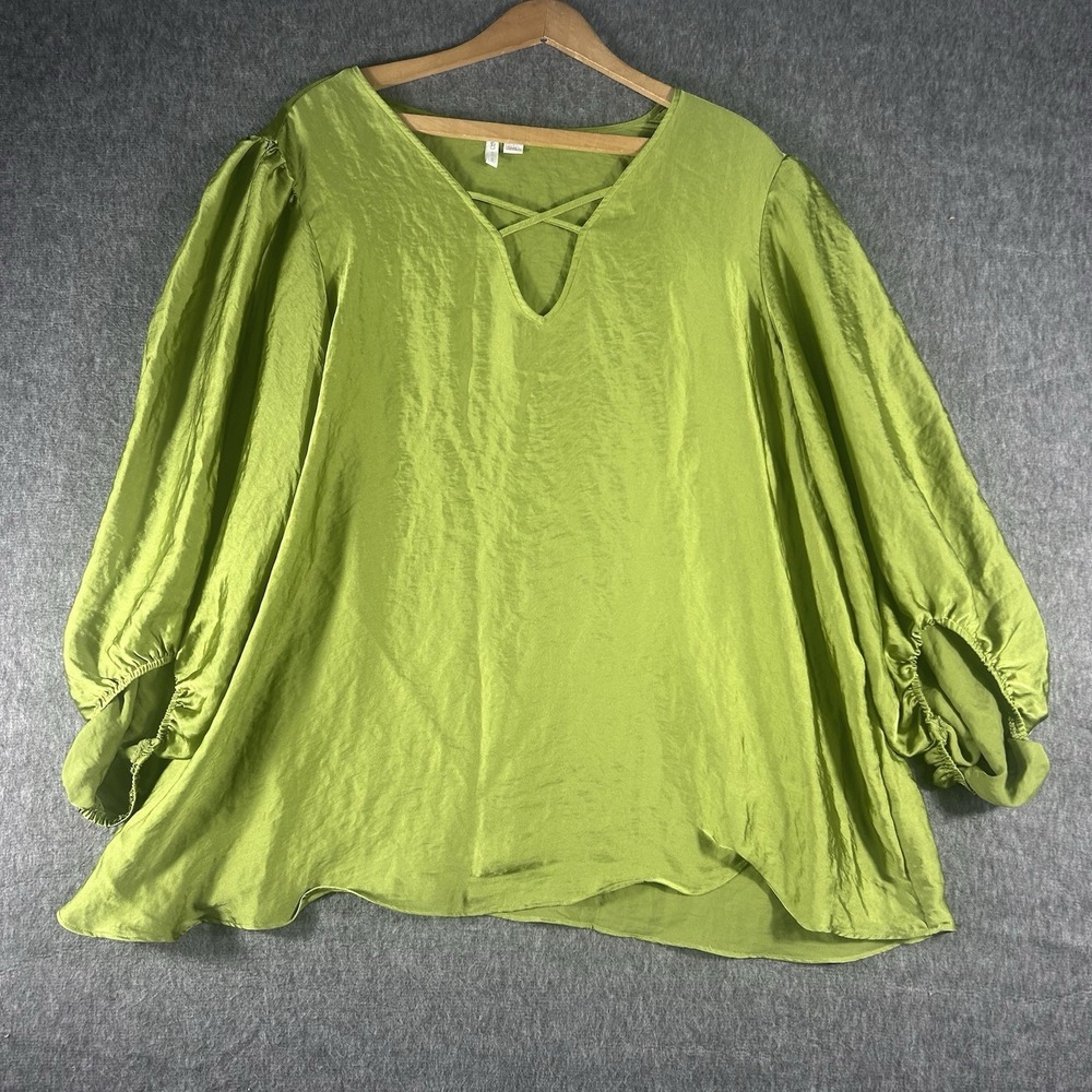 Women's Satin Green Blouse Top Scalloped Edge Puff Sleeves Party Office SZ 18/20